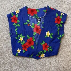 Vintage 80s Royal Creations Blouse Womens Med Blue Hawaiian Tie Front Cropped